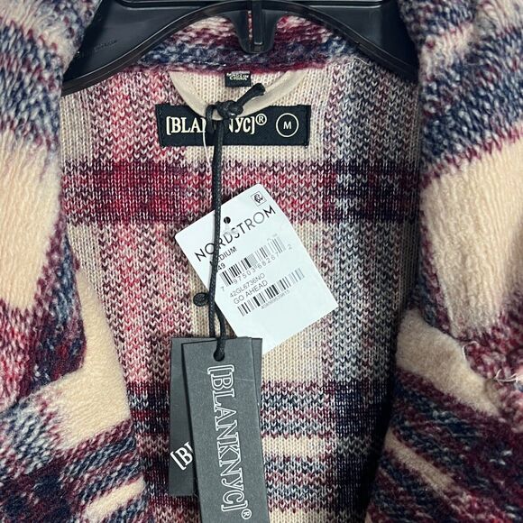 Blank NYC Jacket WMNS M Cream Wool Blend Oversized Burgundy Plaid Trench Teddy - Picture 4 of 12